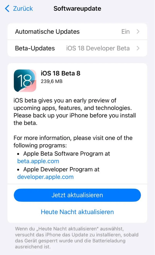 黔西苹果手机维修分享苹果 iOS / iPadOS 18 开发者预览版 Beta 8 发布 